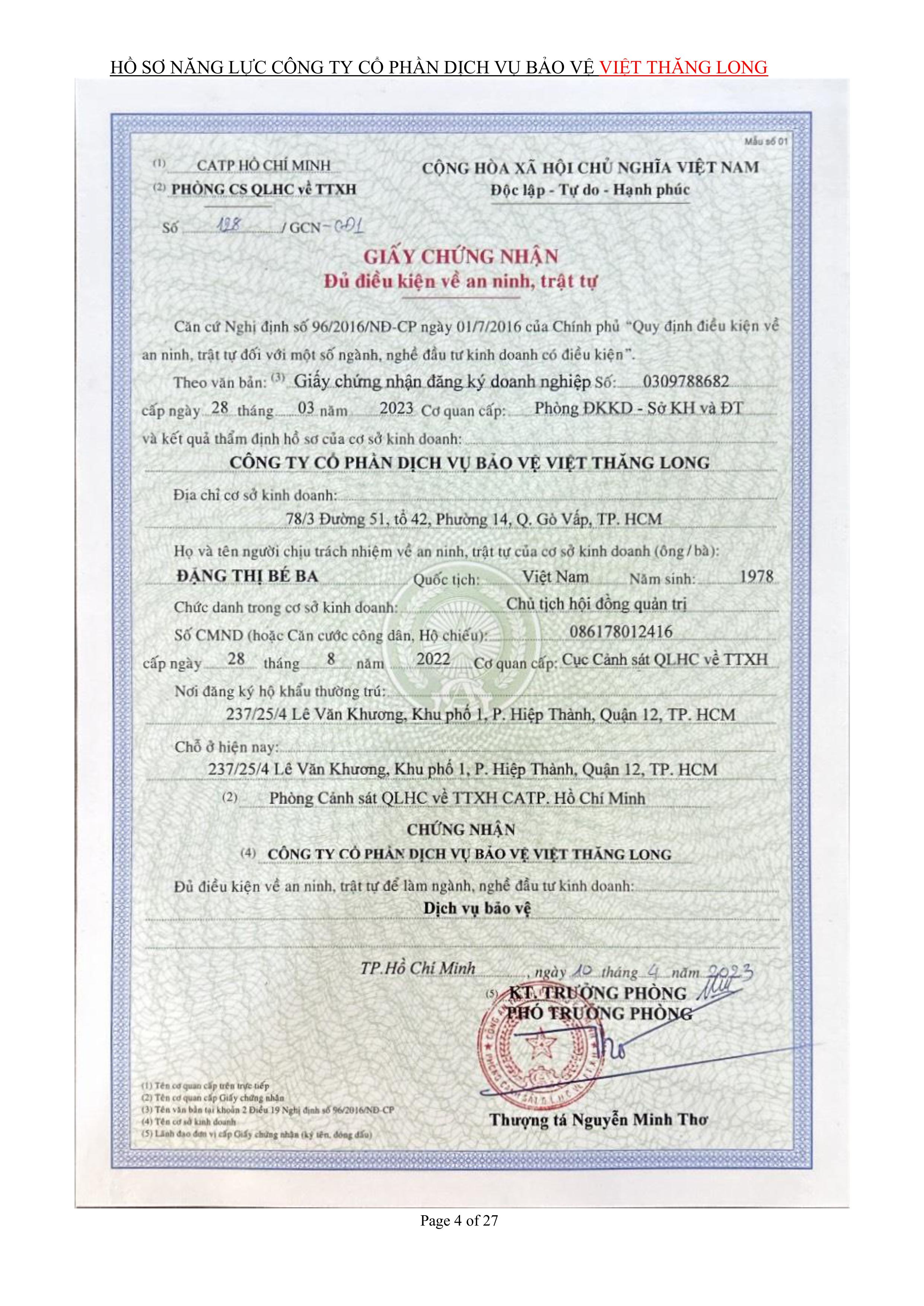 Hồ sơ năng lực công ty cố phần bảo vệ Việt Thăng Long