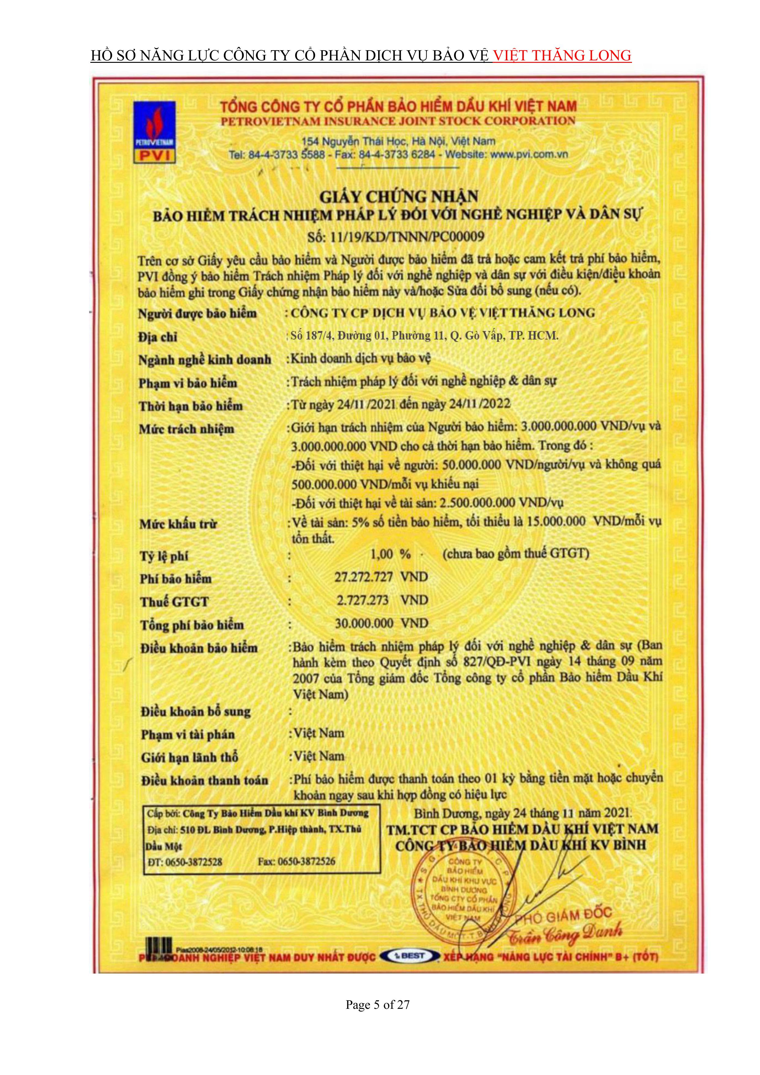 Hồ sơ năng lực công ty cố phần bảo vệ Việt Thăng Long