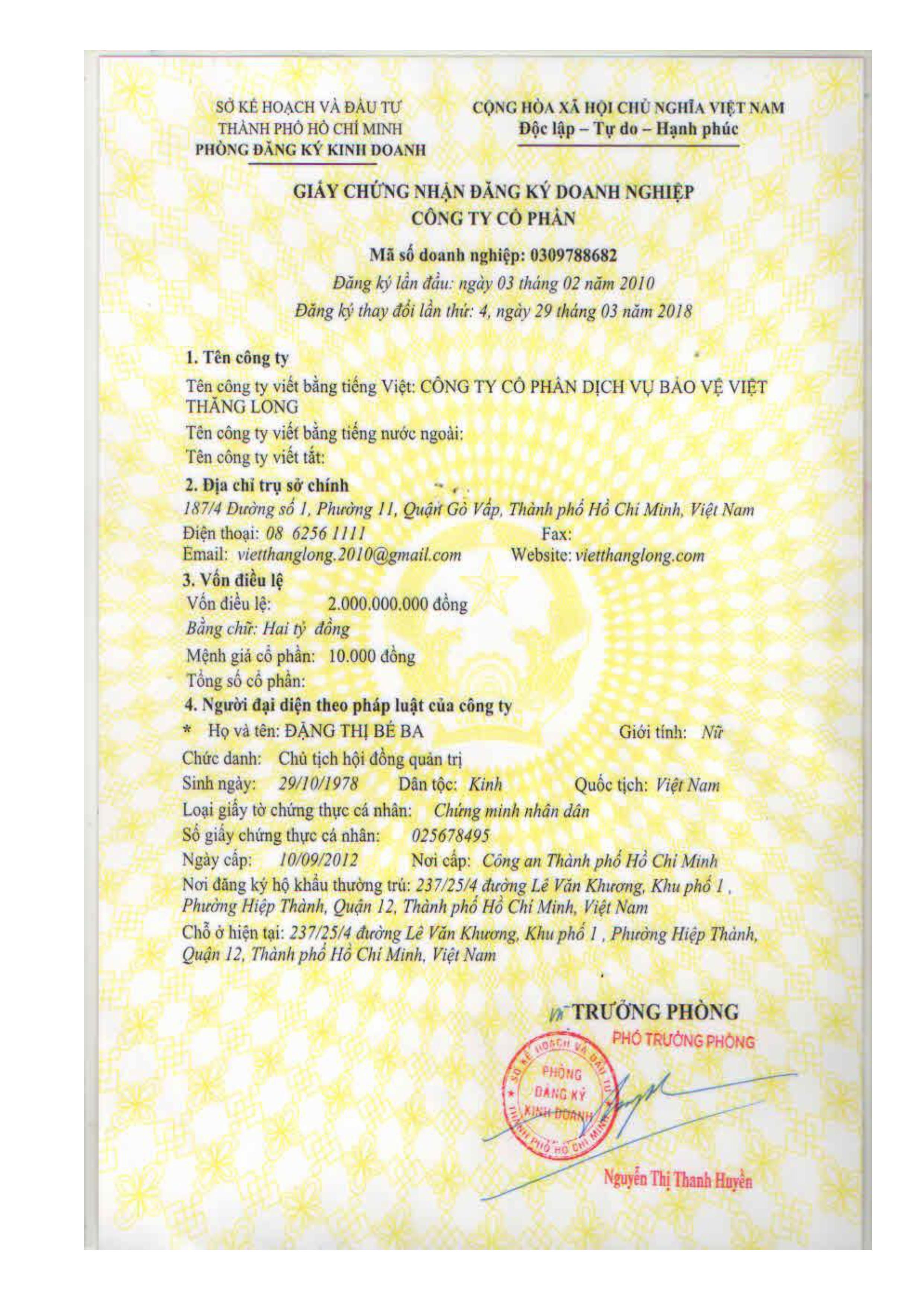 Giấy phép an ninh trật tự Việt Thăng Long