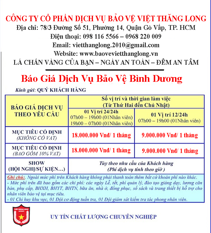 Báo Giá Dịch Vụ Bảo Vệ Bình Dương Mới Nhất