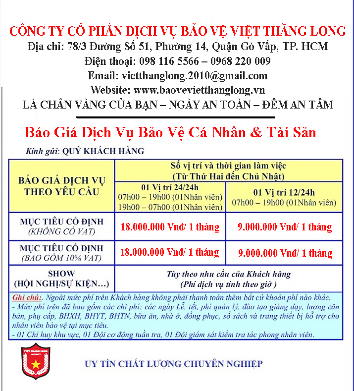 Báo Giá Dịch Vụ Bảo Vệ Cá Nhân & Tài Sản