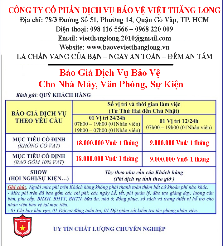 Báo Giá Dịch Vụ Bảo Vệ Cho Nhà Máy, Văn Phòng, Sự Kiện